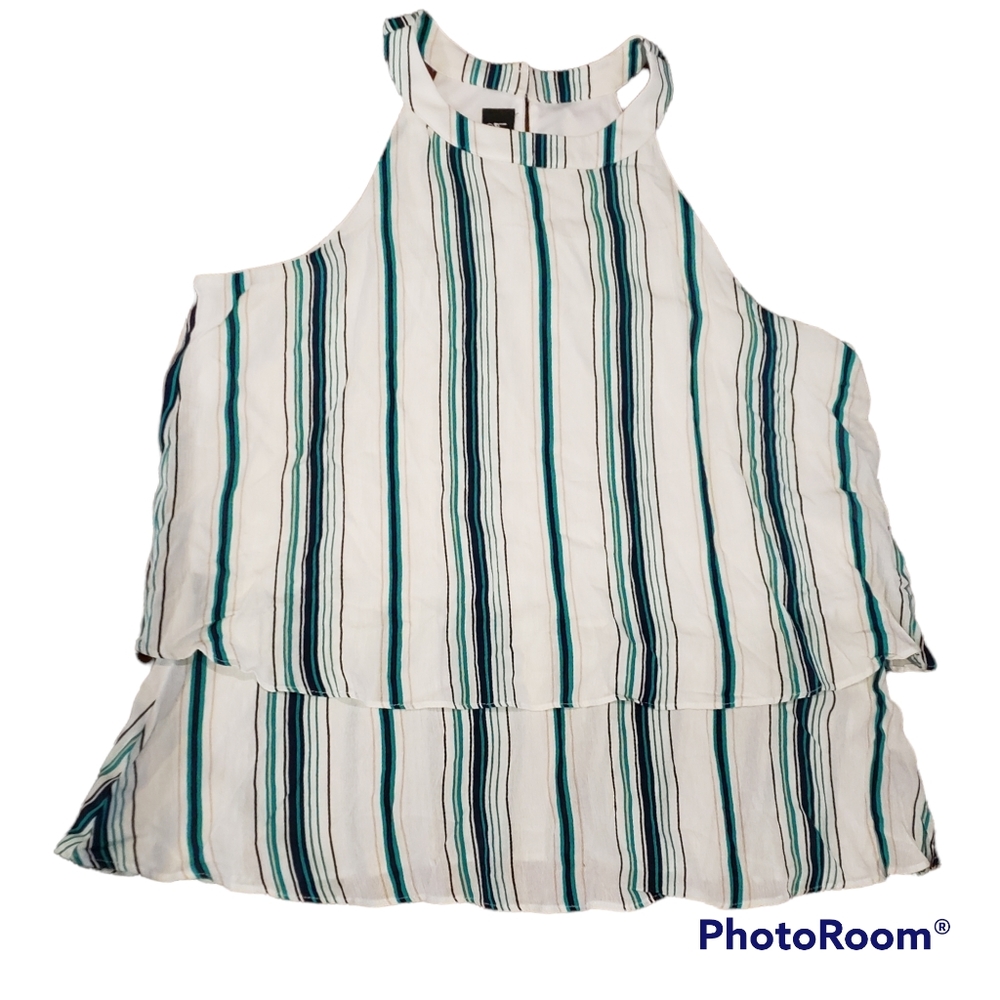 NWT By & By print striped crepon high neck blouse, L